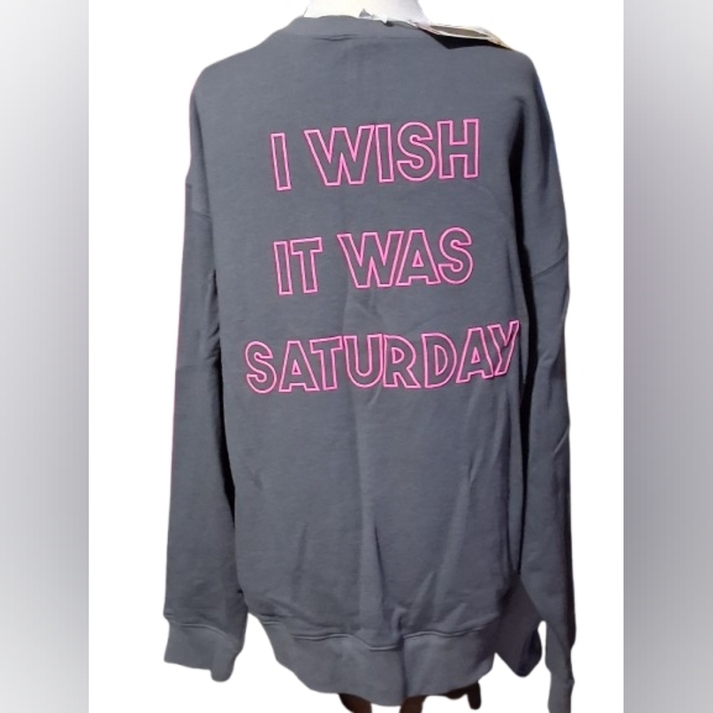 New NWT Wildfox XLarge Grey & Pink Sweatshirt CrewNeck "I Wish It Was Saturday"